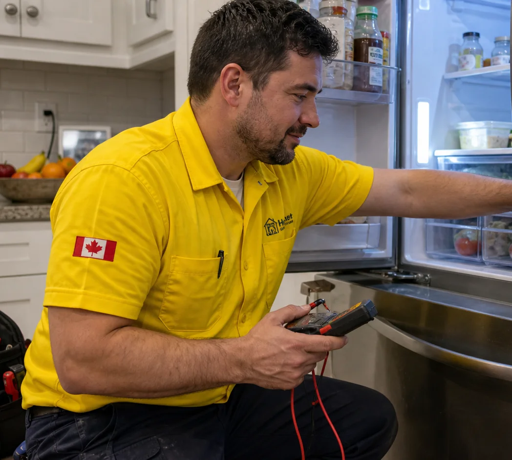 Fridge repair technician working on refrigerator in Oakville home