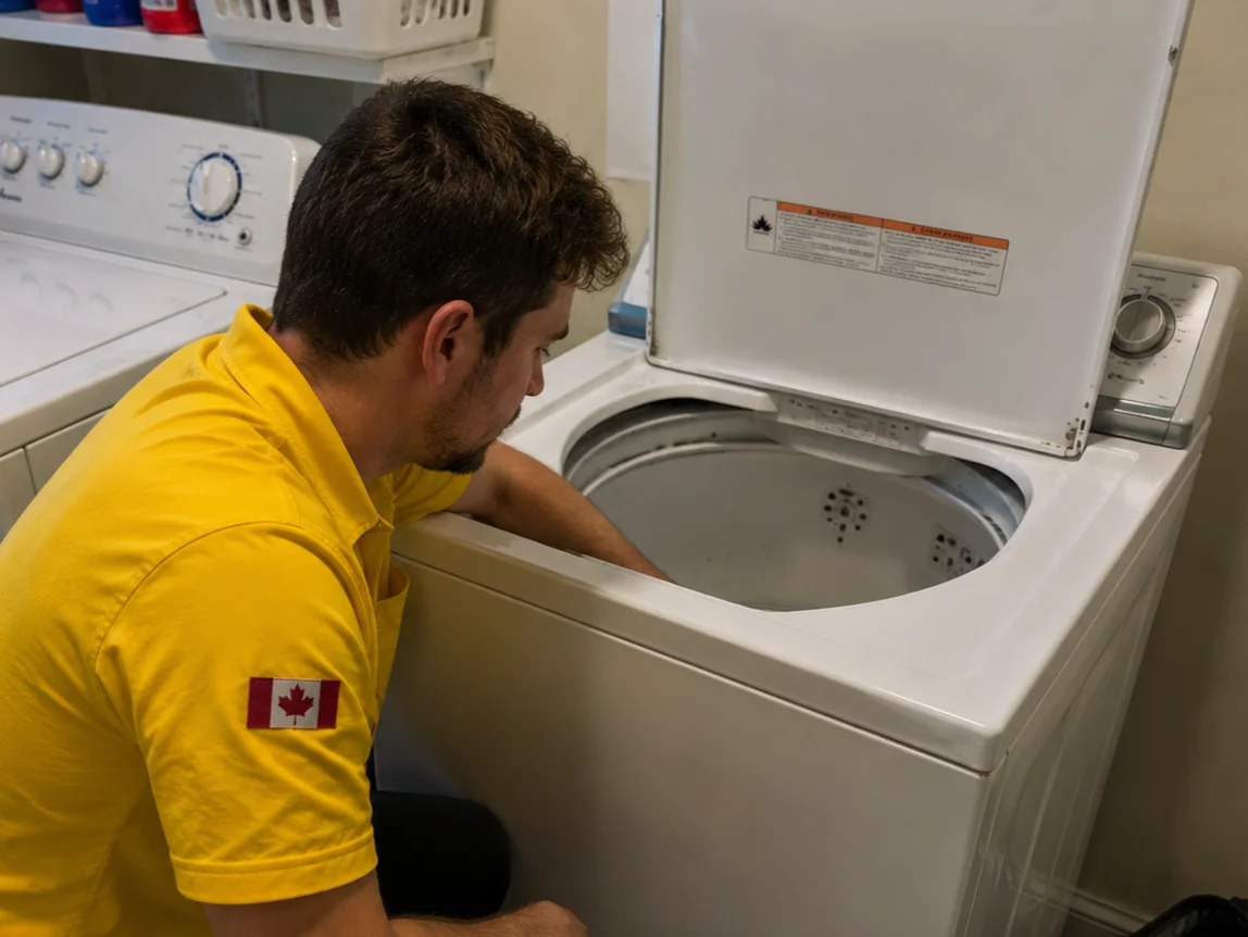 Dryer repair technician working on clothes dryer in Oakville home laundry room